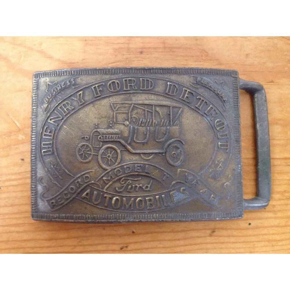 Vintage 70s Henry Ford Detroit Model T Car Solid Brass Chunky Belt Buckle 3.75"